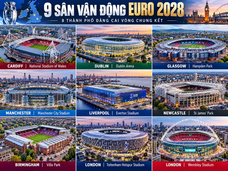 Chín sân vận động tại tám thành phố sẽ tổ chức các trận EURO 2028