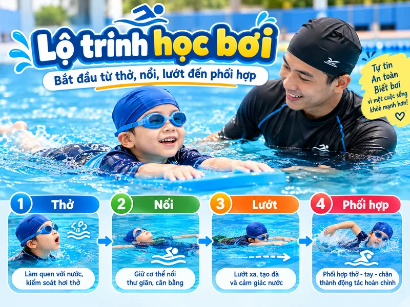 Lộ trình học bơi bắt đầu từ thở, nổi, lướt đến phối hợp